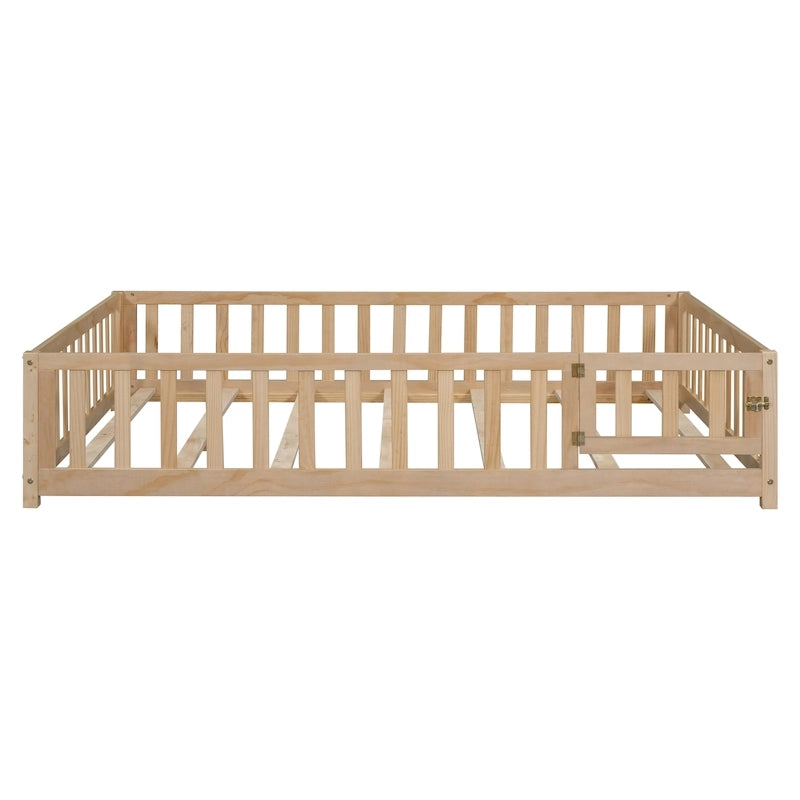 Full Size Wooden Floor Platform Bed with Fence and Door for Kids 24