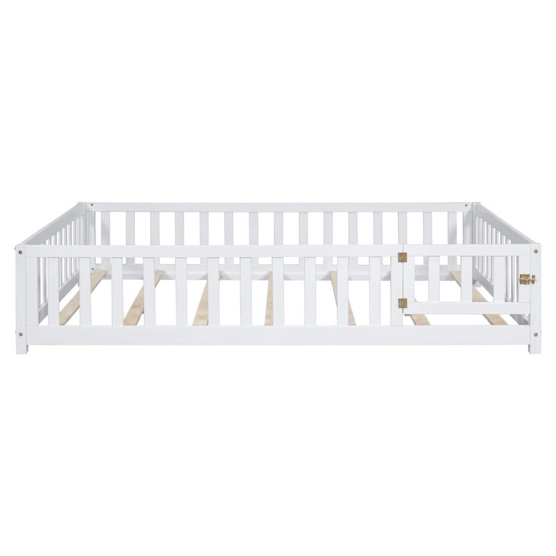 Full Size Wooden Floor Platform Bed with Fence and Door for Kids 25
