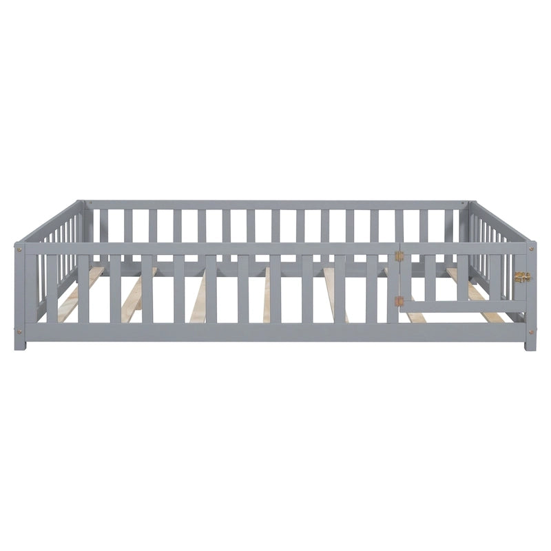 Full Size Wooden Floor Platform Bed with Fence and Door for Kids 26