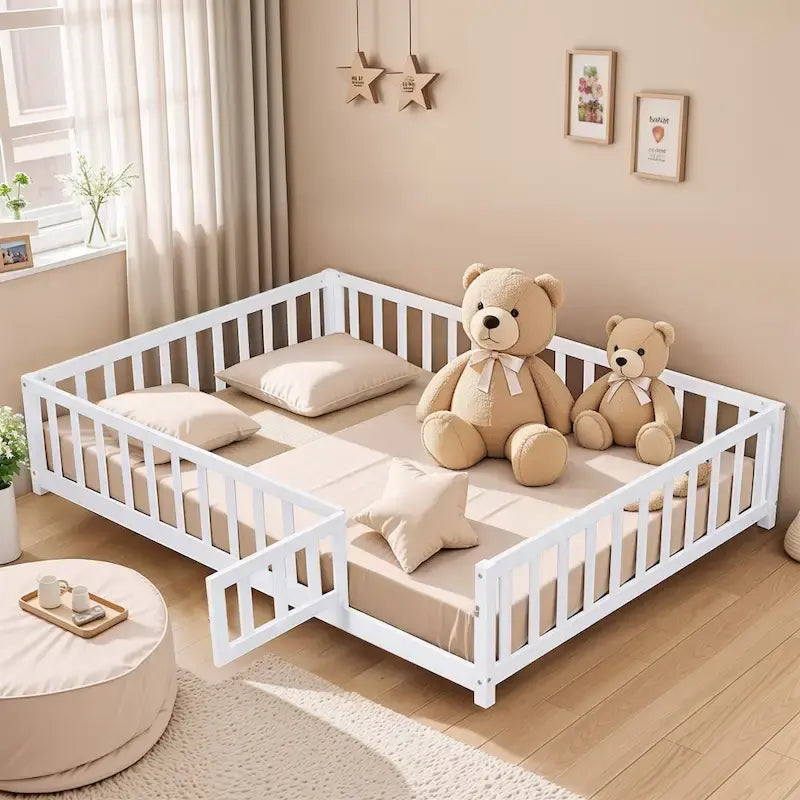 Full Size Wooden Floor Platform Bed with Fence and Door for Kids 2
