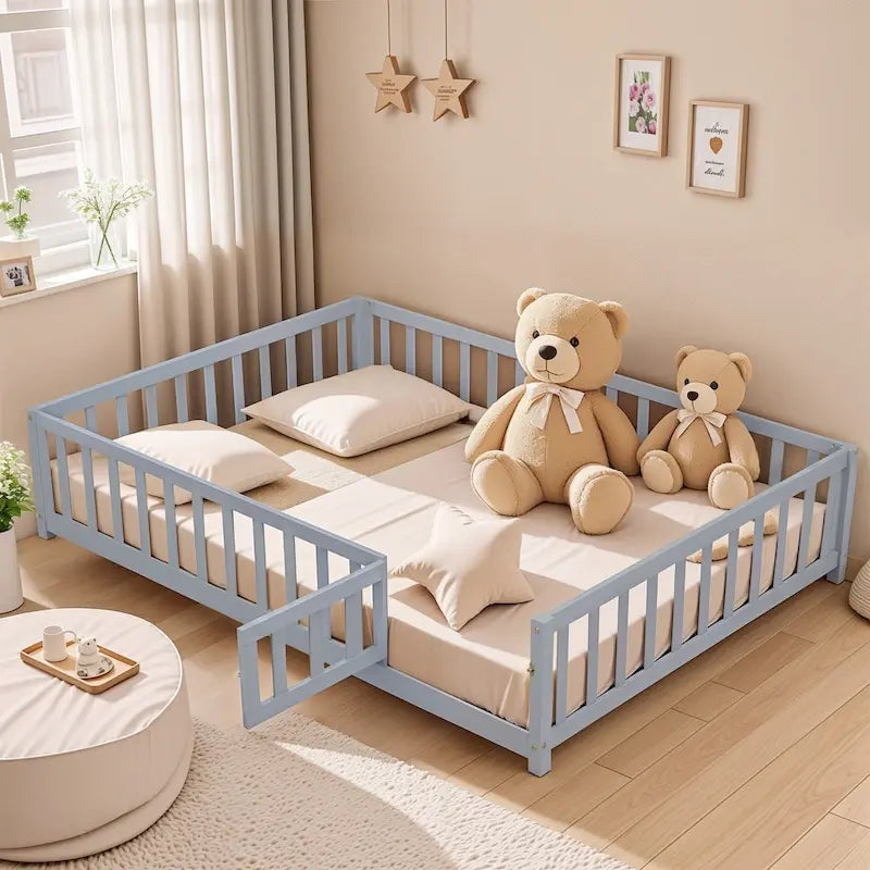 Full Size Wooden Floor Platform Bed with Fence and Door for Kids 3