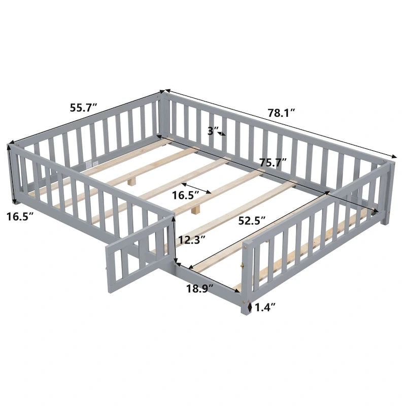 Full Size Wooden Floor Platform Bed with Fence and Door for Kids 4
