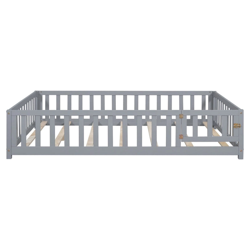 Full Size Wooden Floor Platform Bed with Fence and Door for Kids 5