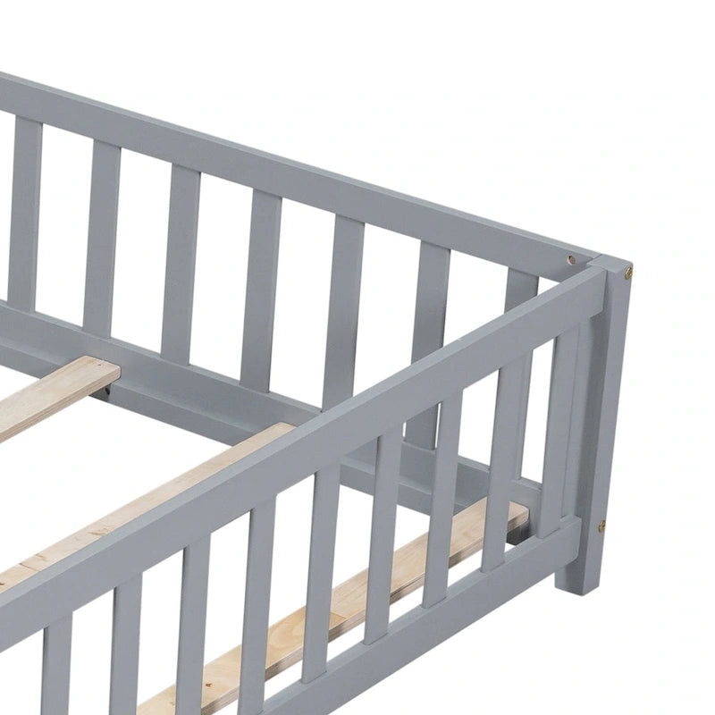 Full Size Wooden Floor Platform Bed with Fence and Door for Kids 6