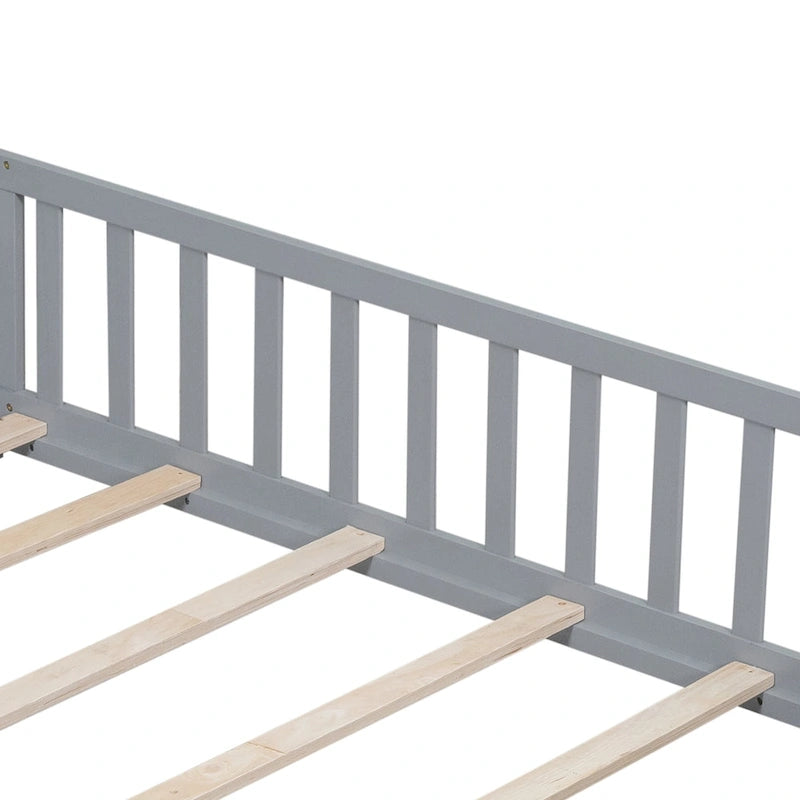 Full Size Wooden Floor Platform Bed with Fence and Door for Kids 7