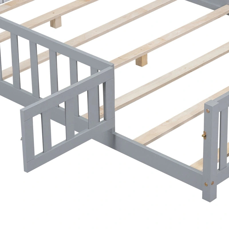 Full Size Wooden Floor Platform Bed with Fence and Door for Kids 8