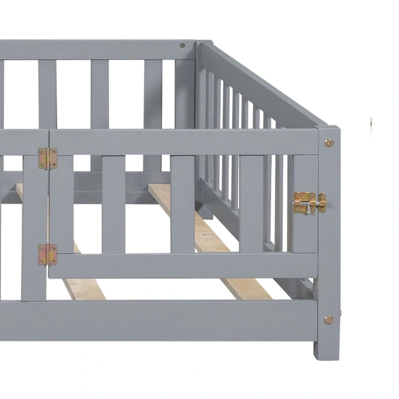 Full Size Wooden Floor Platform Bed with Fence and Door for Kids 9