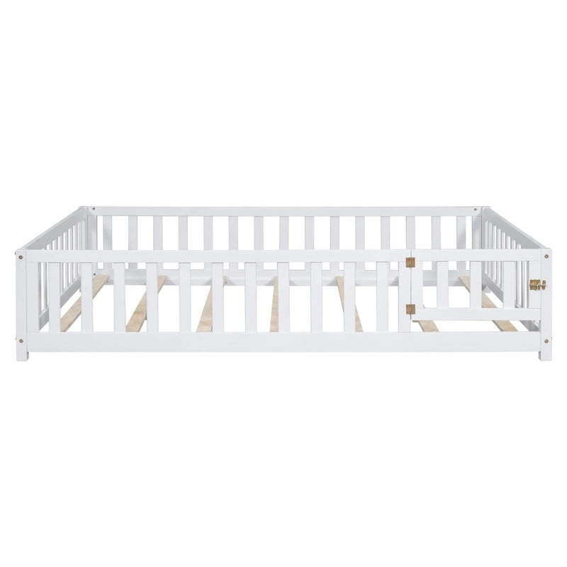 Full Size Wooden Floor Platform Bed with Fence and Door for Kids 10