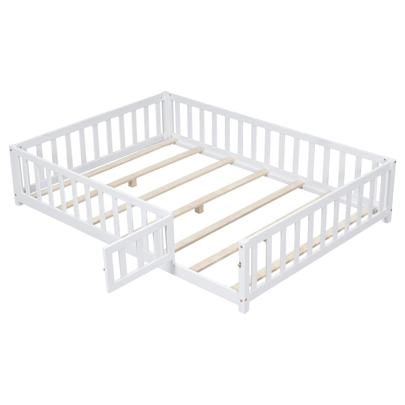 Full Size Wooden Floor Platform Bed with Fence and Door for Kids 11