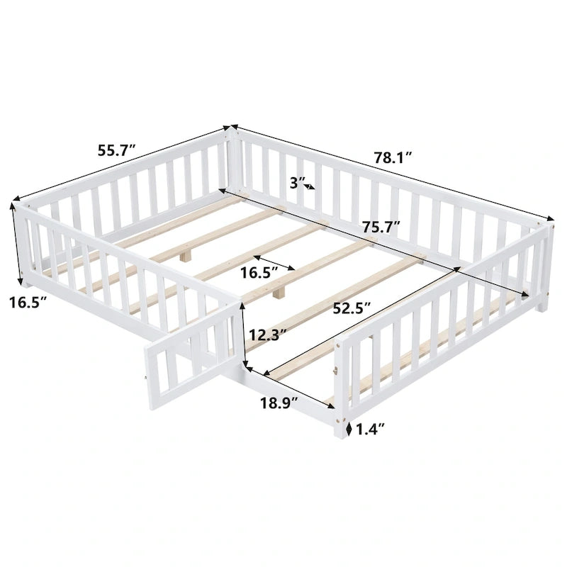 Full Size Wooden Floor Platform Bed with Fence and Door for Kids 12