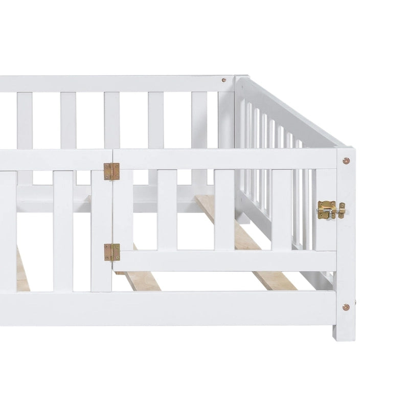 Full Size Wooden Floor Platform Bed with Fence and Door for Kids 13
