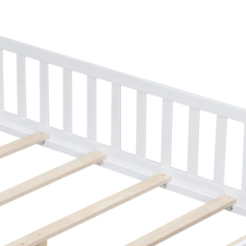 Full Size Wooden Floor Platform Bed with Fence and Door for Kids 14