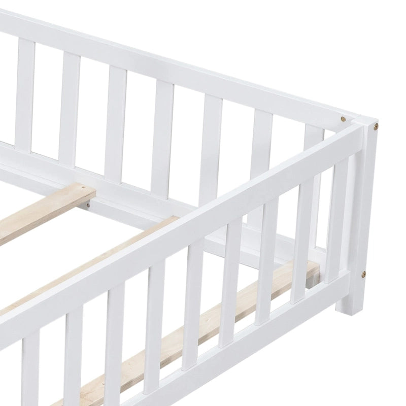 Full Size Wooden Floor Platform Bed with Fence and Door for Kids 15