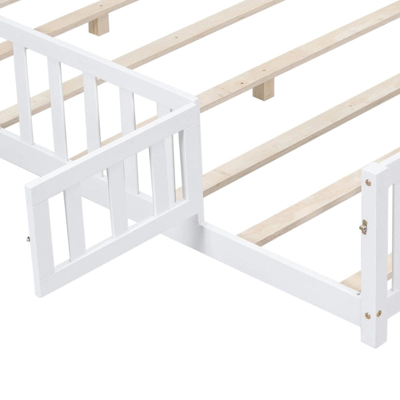 Full Size Wooden Floor Platform Bed with Fence and Door for Kids 16