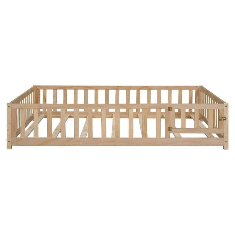 Full Size Wooden Floor Platform Bed with Fence and Door for Kids 17