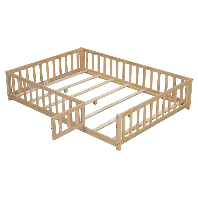 Full Size Wooden Floor Platform Bed with Fence and Door for Kids 18