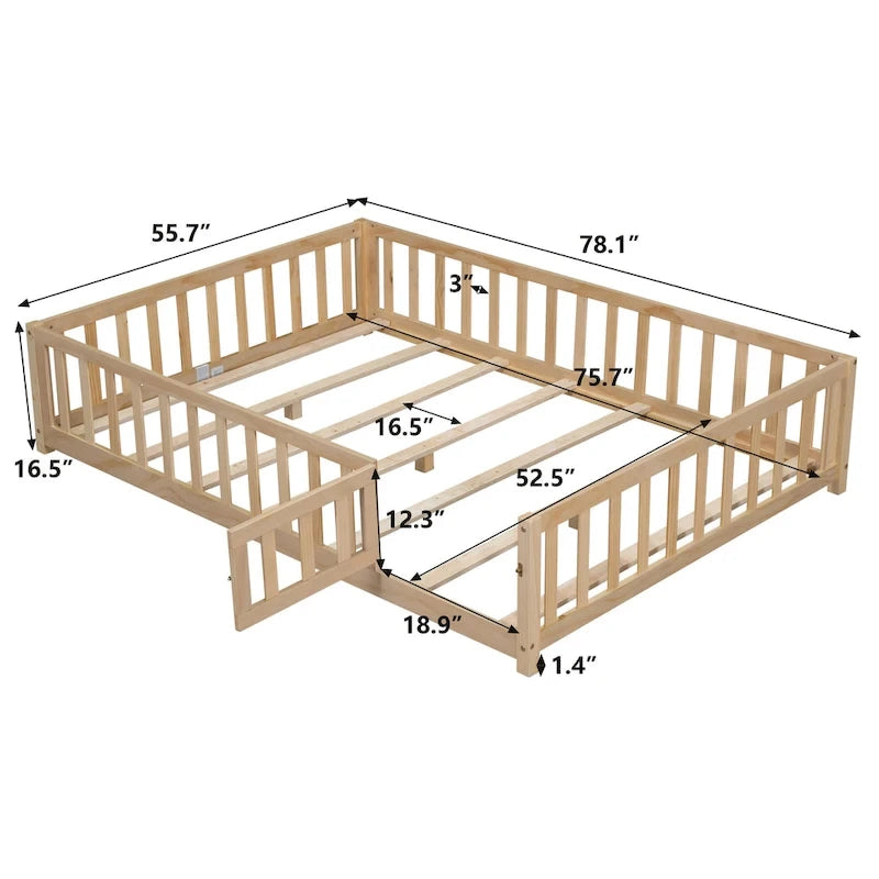 Full Size Wooden Floor Platform Bed with Fence and Door for Kids 19