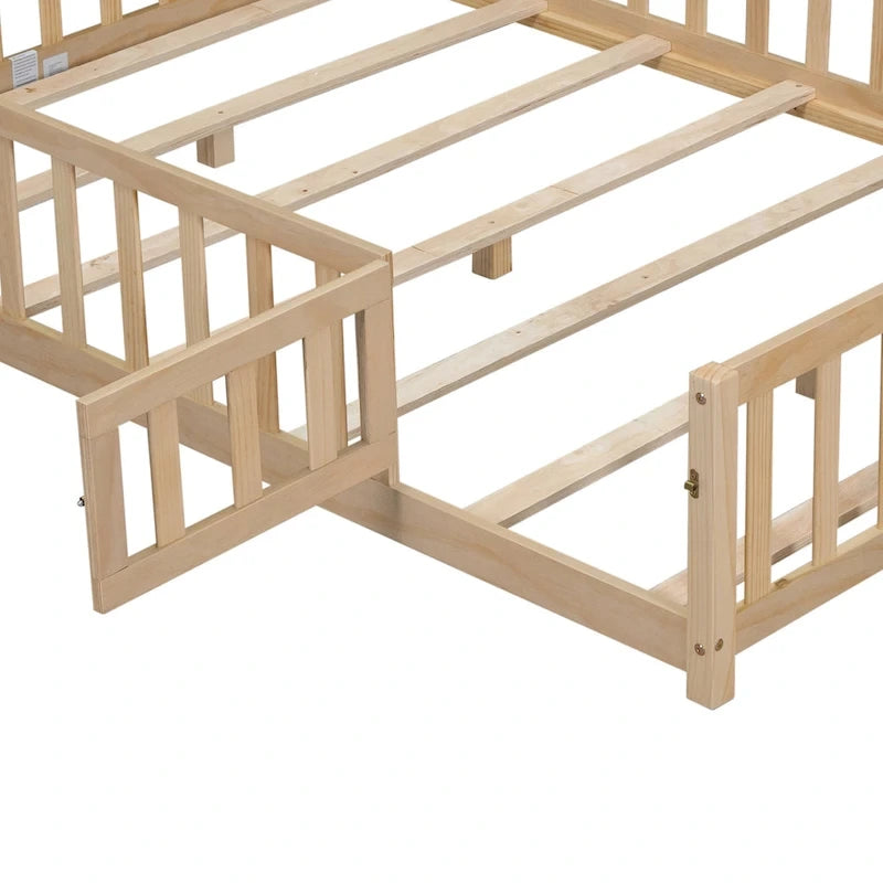 Full Size Wooden Floor Platform Bed with Fence and Door for Kids 20