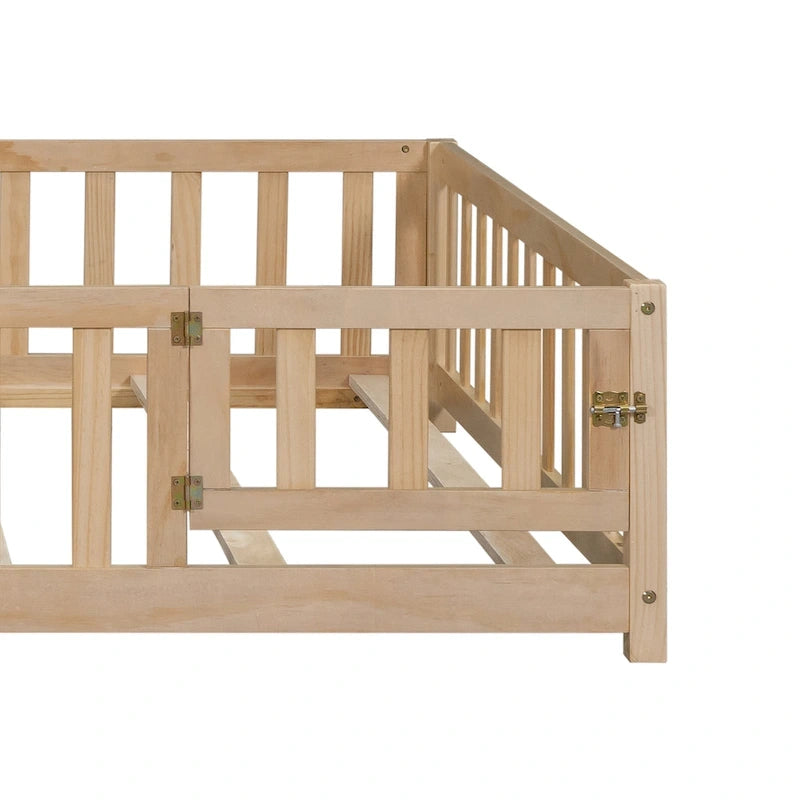 Full Size Wooden Floor Platform Bed with Fence and Door for Kids 21
