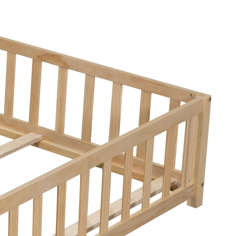 Full Size Wooden Floor Platform Bed with Fence and Door for Kids 22