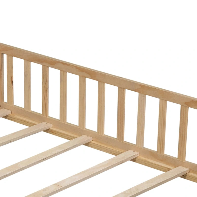 Full Size Wooden Floor Platform Bed with Fence and Door for Kids 23
