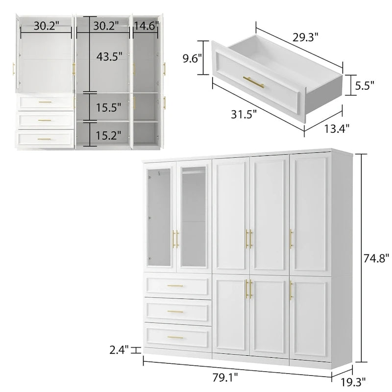 74.8H Large Modular Wardrobe Cloest Armoire Cabinet Glass Door 6