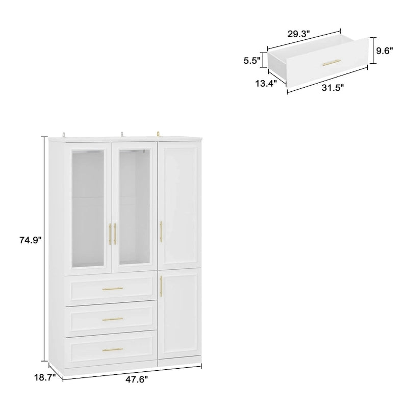 74.8H Large Modular Wardrobe Cloest Armoire Cabinet Glass Door 35