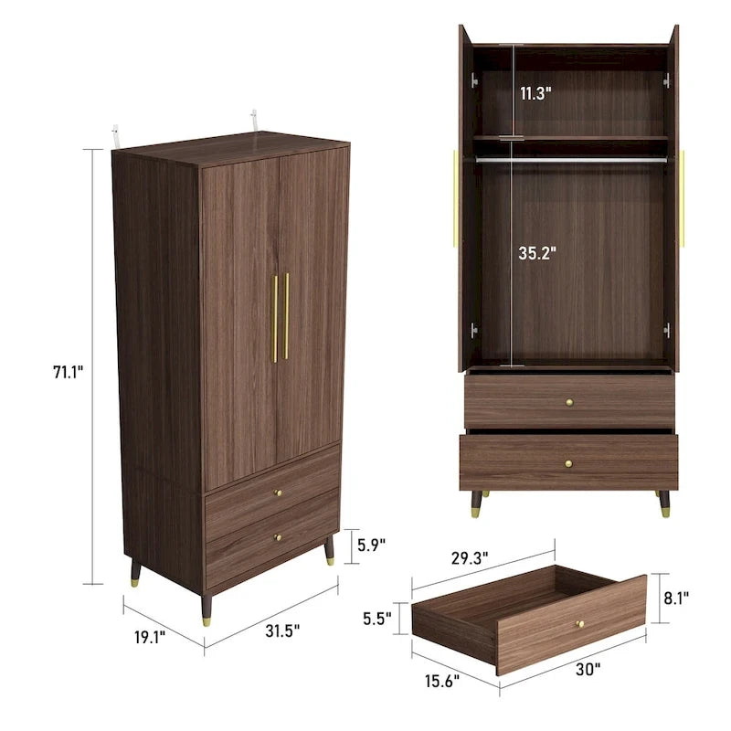 Wardrobe Closet Armoire with 2 Doors Wooden Clothes Storage Cabinet 24