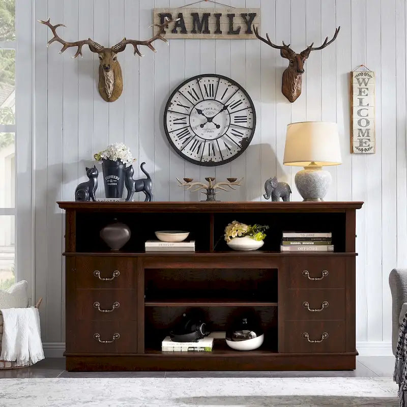 60W Retro TV Stand Entertainment Center, 2 Cabinets&Open Shelves - 60W*15.75D*34.25H 16