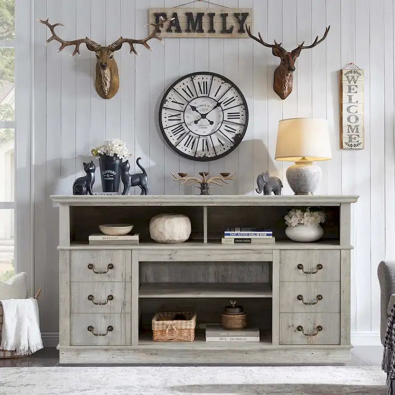 60W Retro TV Stand Entertainment Center, 2 Cabinets&Open Shelves - 60W*15.75D*34.25H 17