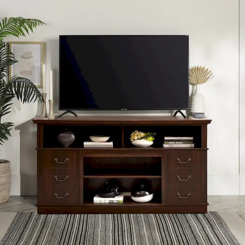 60W Retro TV Stand Entertainment Center, 2 Cabinets&Open Shelves - 60W*15.75D*34.25H 3