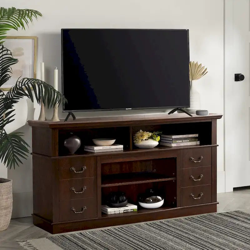 60W Retro TV Stand Entertainment Center, 2 Cabinets&Open Shelves - 60W*15.75D*34.25H 4
