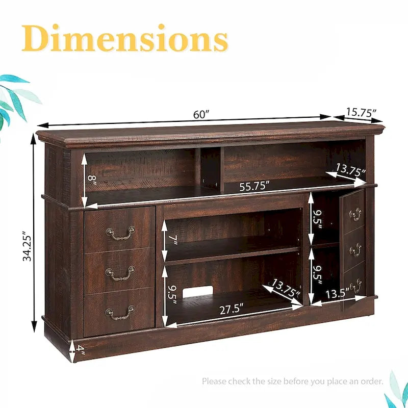 60W Retro TV Stand Entertainment Center, 2 Cabinets&Open Shelves - 60W*15.75D*34.25H 10