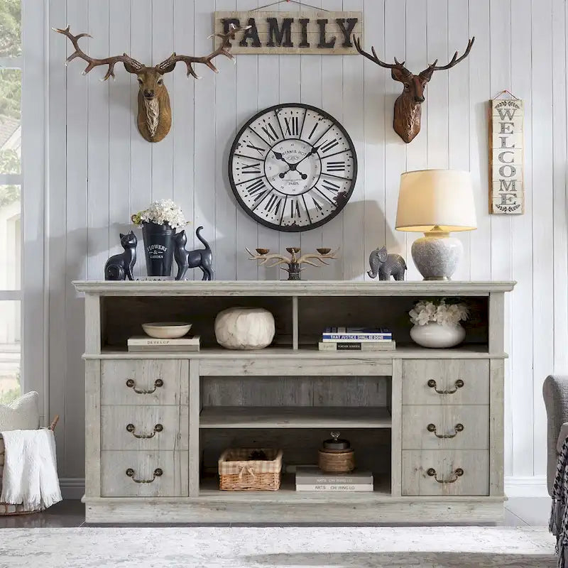 60W Retro TV Stand Entertainment Center, 2 Cabinets&Open Shelves - 60W*15.75D*34.25H 11