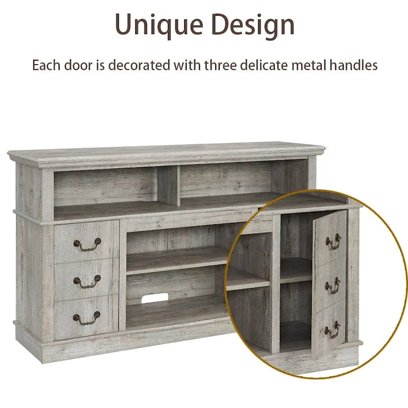 60W Retro TV Stand Entertainment Center, 2 Cabinets&Open Shelves - 60W*15.75D*34.25H 14