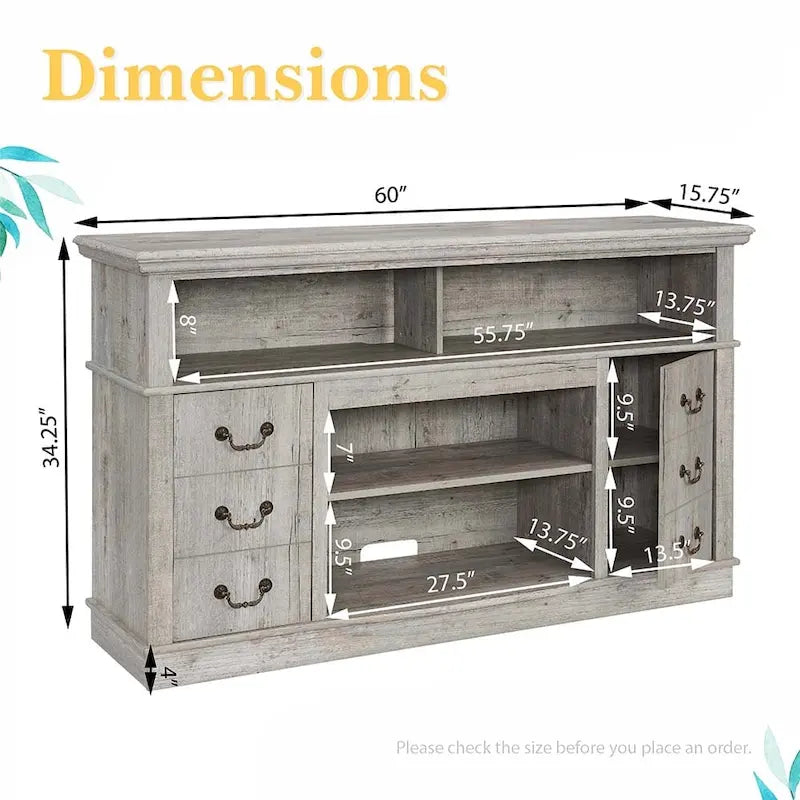 60W Retro TV Stand Entertainment Center, 2 Cabinets&Open Shelves - 60W*15.75D*34.25H 15