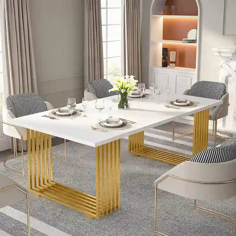 70.9 Modern Office Desk, White Executive Desk with Gold Metal Frame