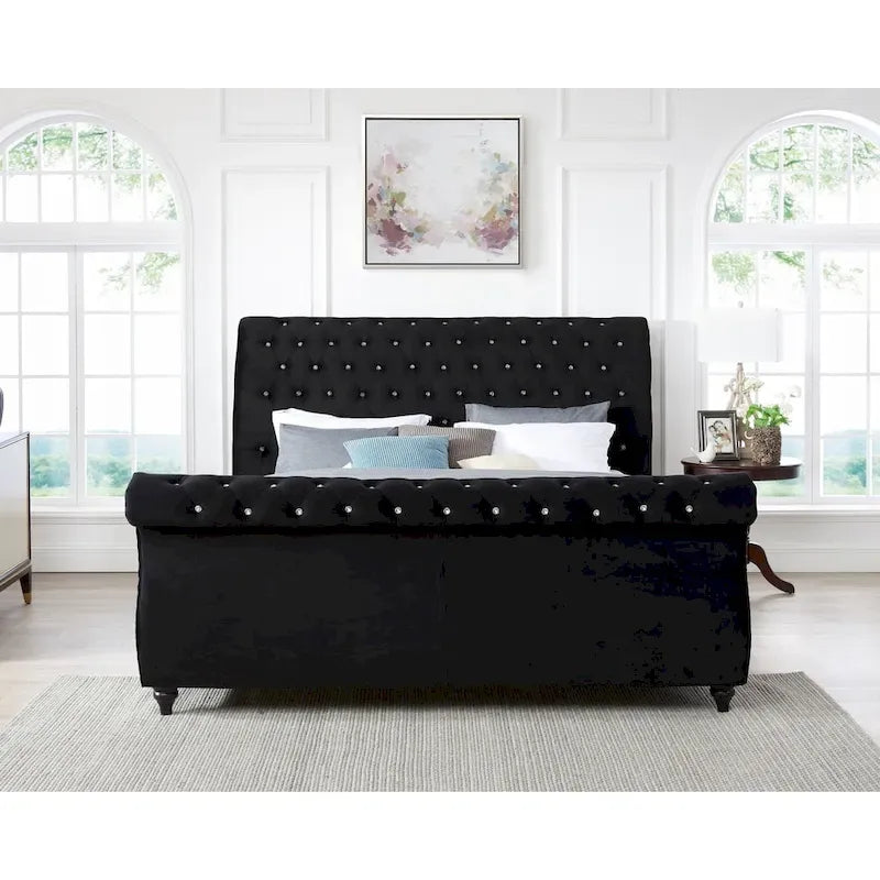 Gracewood Hollow Trivedi Black Velvet Crystal Button-tufted Sleigh Bed 2