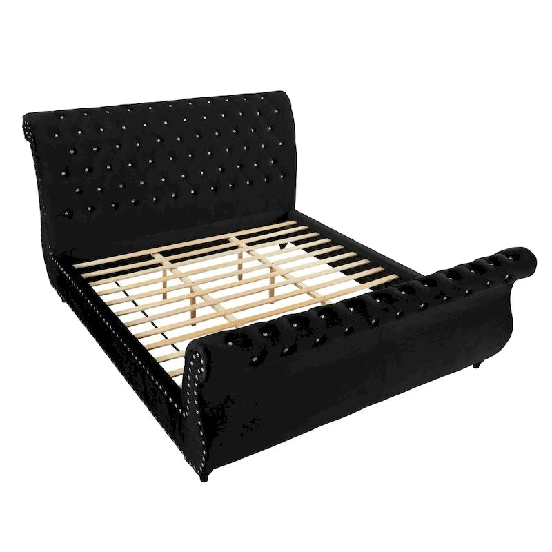 Gracewood Hollow Trivedi Black Velvet Crystal Button-tufted Sleigh Bed 3