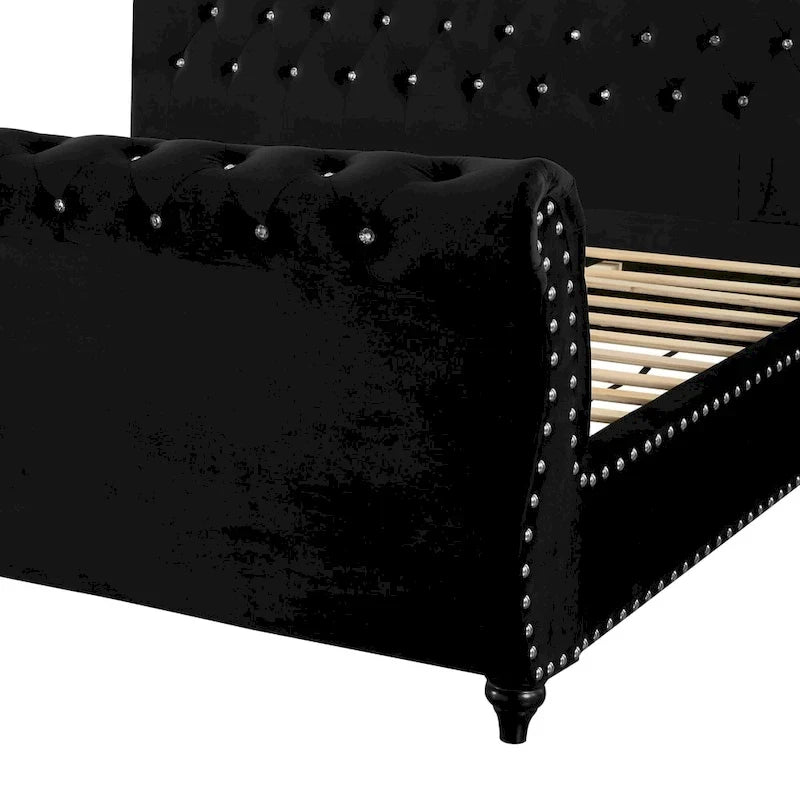Gracewood Hollow Trivedi Black Velvet Crystal Button-tufted Sleigh Bed 4