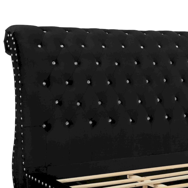 Gracewood Hollow Trivedi Black Velvet Crystal Button-tufted Sleigh Bed 5