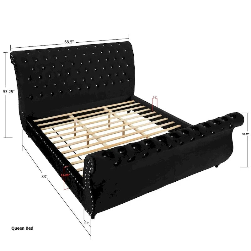 Gracewood Hollow Trivedi Black Velvet Crystal Button-tufted Sleigh Bed 6