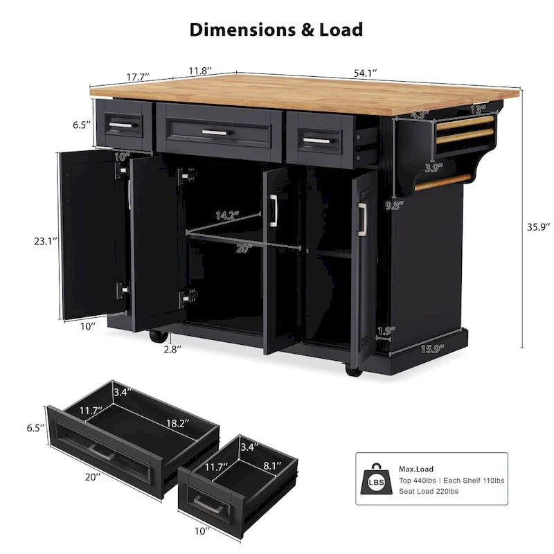 54  Large Kitchen Island with Rubber Wood Drop Leaf, Embossed Texture Rolling Kitchen Cart on 4 Wheels with 4 Doors & 3 Drawers 8
