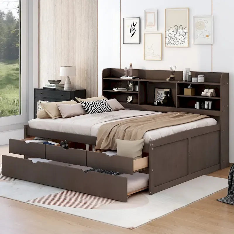 Full Size Wooden Captain Bed with Built-in Bookshelves,Three Storage Drawers and Trundle,Antique Grey 2