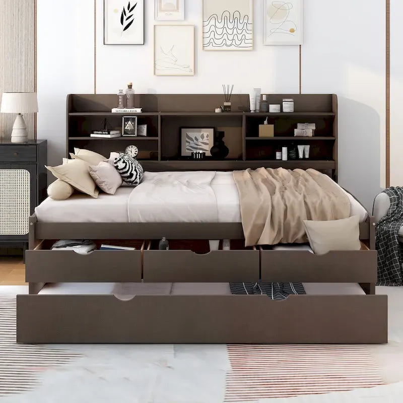 Full Size Wooden Captain Bed with Built-in Bookshelves,Three Storage Drawers and Trundle,Antique Grey 3