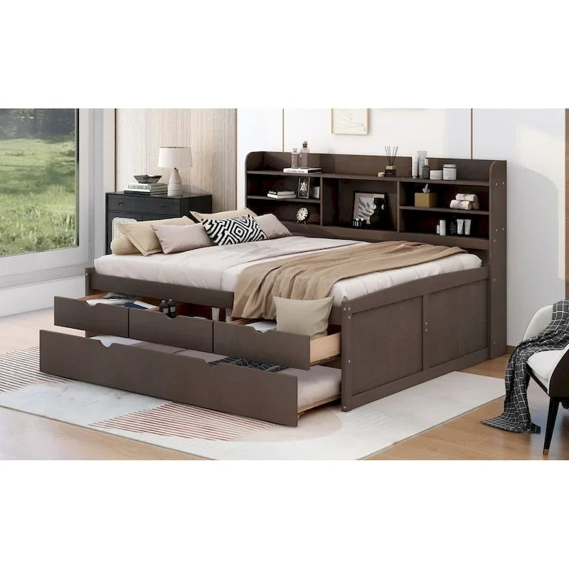 Full Size Wooden Captain Bed with Built-in Bookshelves,Three Storage Drawers and Trundle,Antique Grey 4