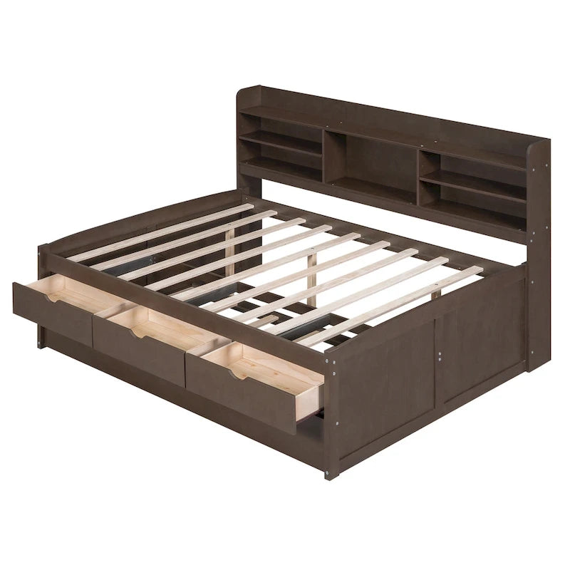 Full Size Wooden Captain Bed with Built-in Bookshelves,Three Storage Drawers and Trundle,Antique Grey 6