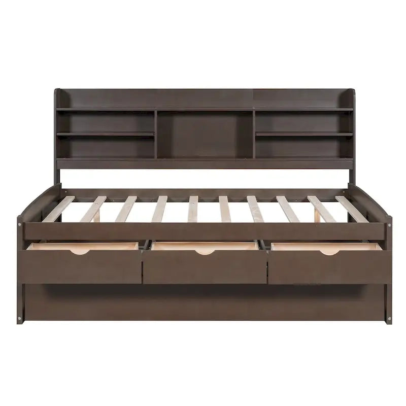 Full Size Wooden Captain Bed with Built-in Bookshelves,Three Storage Drawers and Trundle,Antique Grey 7