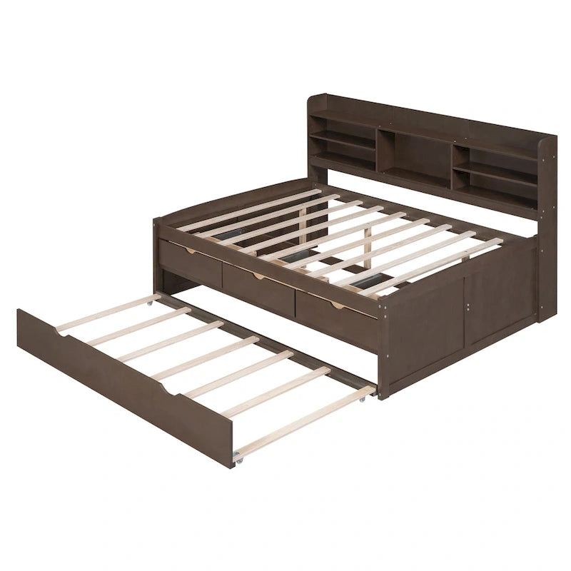 Full Size Wooden Captain Bed with Built-in Bookshelves,Three Storage Drawers and Trundle,Antique Grey 8