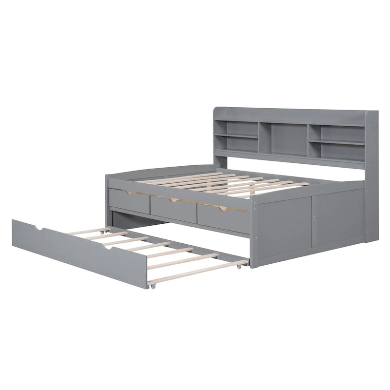 Full Size Wooden Captain Bed with Built-in Bookshelves,Three Storage Drawers and Trundle,Antique Grey 10